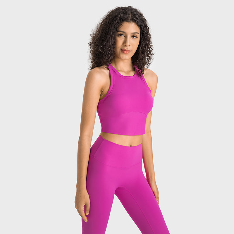 High-Neck Sports Bra Tank Top — Built-In Fixed Pads, Underarm Coverage & Anti-Bounce Support for Yoga & Gym