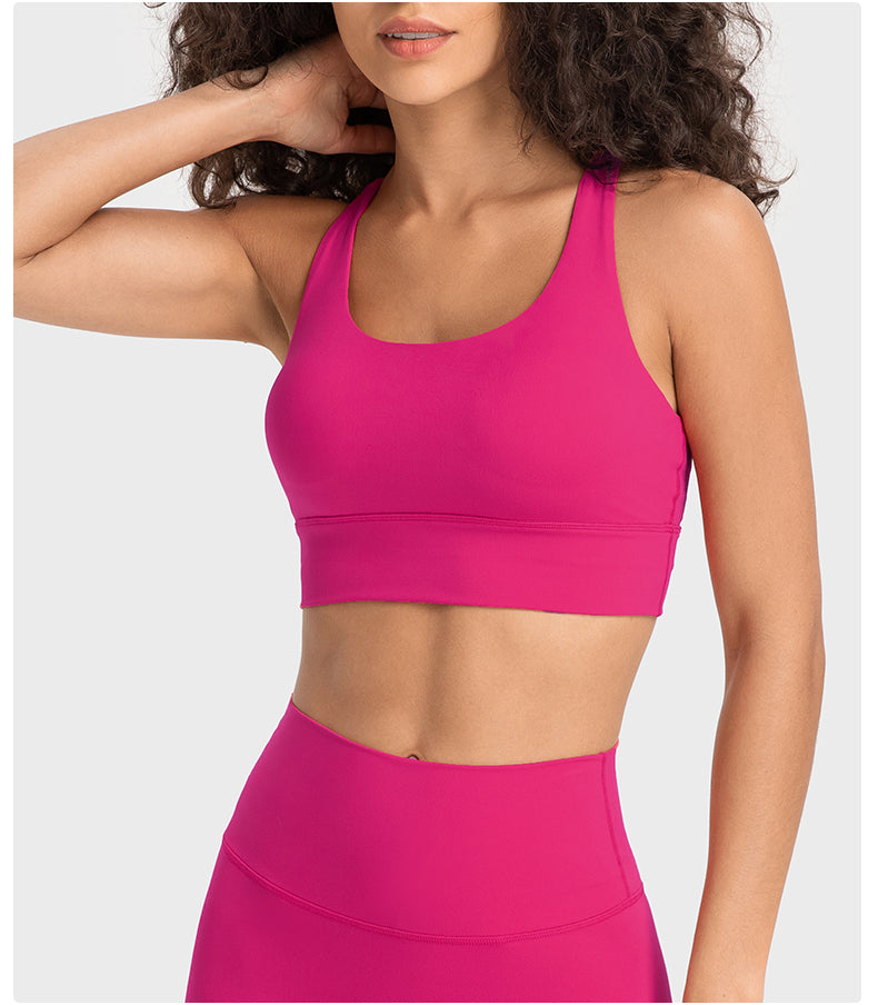 High-Support Cross-Back Sports Bra — Nude-Feel Fabric, Removable Pads & Anti-Bounce Design