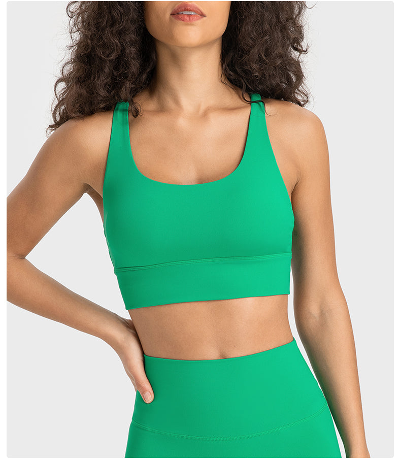 High-Support Cross-Back Sports Bra — Nude-Feel Fabric, Removable Pads & Anti-Bounce Design