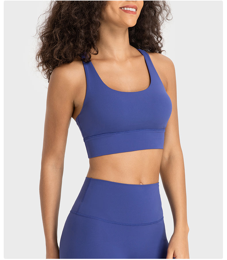 High-Support Cross-Back Sports Bra — Nude-Feel Fabric, Removable Pads & Anti-Bounce Design