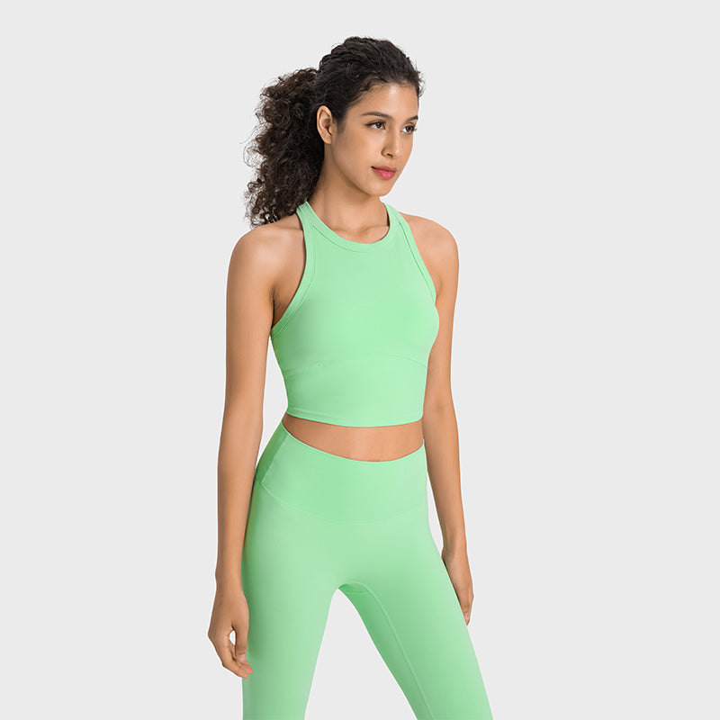 High-Neck Sports Bra Tank Top — Built-In Fixed Pads, Underarm Coverage & Anti-Bounce Support for Yoga & Gym