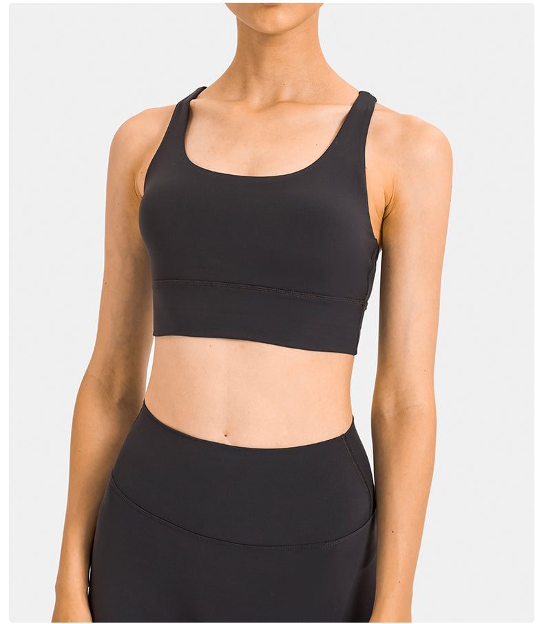 High-Support Cross-Back Sports Bra — Nude-Feel Fabric, Removable Pads & Anti-Bounce Design