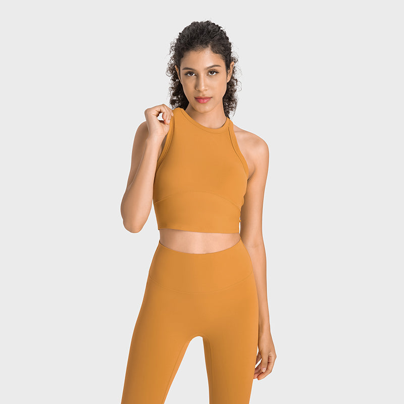 High-Neck Sports Bra Tank Top — Built-In Fixed Pads, Underarm Coverage & Anti-Bounce Support for Yoga & Gym