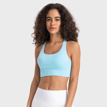 High-Support Cross-Back Sports Bra — Nude-Feel Fabric, Removable Pads & Anti-Bounce Design
